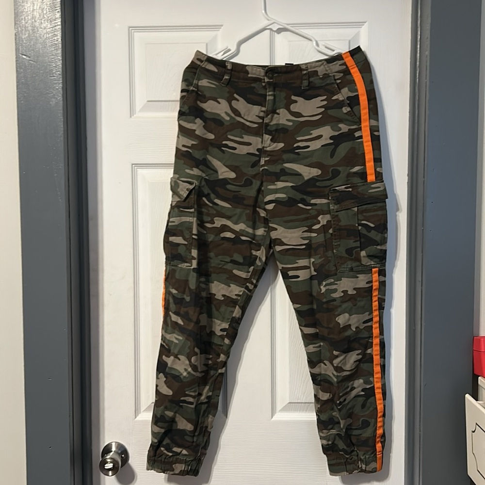 Camouflage Cargo Pants with Orange Accents